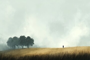 Fototapeta premium Solitary Figure in a Misty Field with Trees
