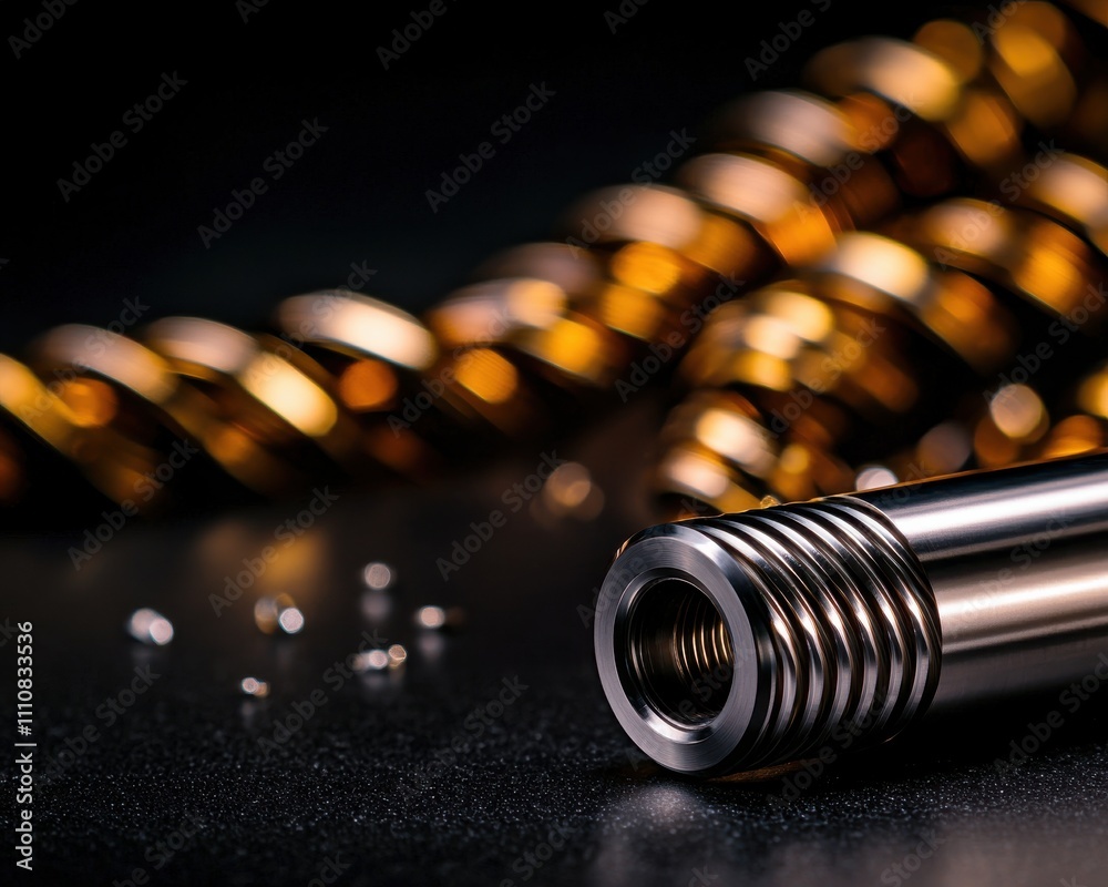 Aufkleber a close-up image of a metallic threaded rod with a shiny finish, accompanied by spiral drill bits, s