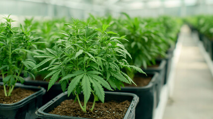 Rows of young cannabis plants growing indoors in a greenhouse setting, thriving under controlled conditions.