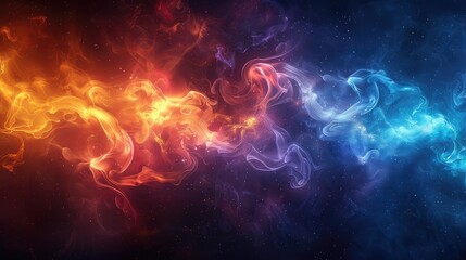 A vibrant cosmic swirl of orange and blue hues, resembling interstellar gas and dust.