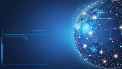 Networked Globe Symbolizing Global Connectivity and Technology background, Digital globe with network connections copy space, Networked Globe blue background, blue background copy space