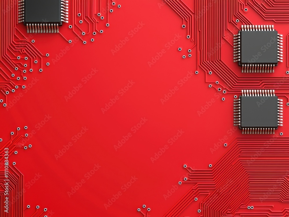 Poster a vibrant red circuit board featuring integrated chips and intricate pathways, showcasing modern tec