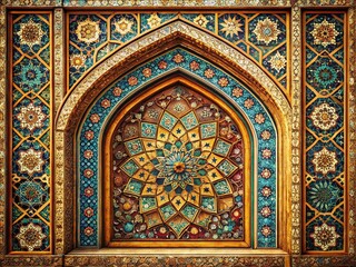 Vintage Style Photography Featuring Ornate Muslim Frame Patterns in Rich Textures and Warm Tones, Capturing the Essence of Islamic Art and Architecture for Home Decor and Design