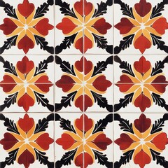 Ornate Red Yellow Black Floral Tile Pattern