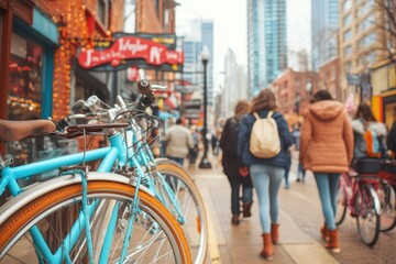 Cityscape with Two Bright Blue Bicycles Parked on a Sidewalk