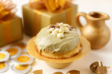 Delicious beautiful donuts sufganiyot traditional Jewish treat for the holiday of Hanukkah