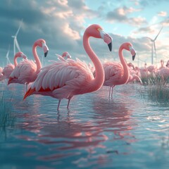 Flamingos amidst wind power turbines embracing green energy in nature's serenity