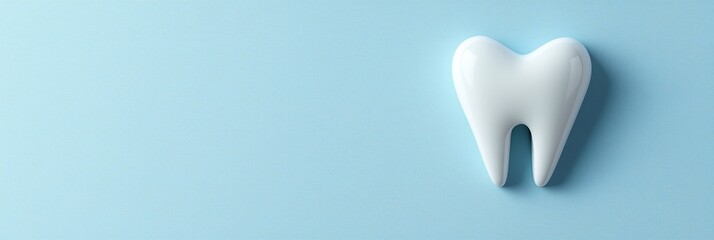 Fototapeta premium A detailed 3D representation of a single, glossy white tooth placed on a soft blue textured background. Ideal for dental care themes, orthodontics, oral hygiene, and health promotions.