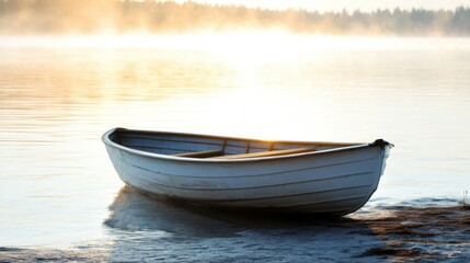 Tranquil Sunrise on a Serene Lake with a Small White Boat