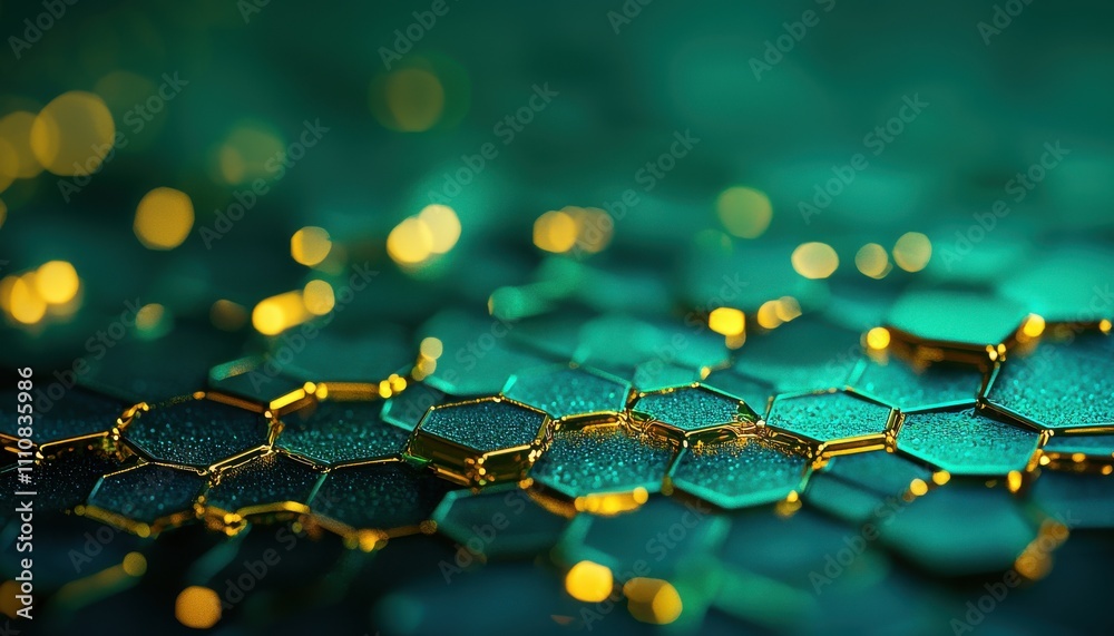 Fototapete A close-up view of hexagonal patterns in vibrant green and gold, creating a modern and abstract look with a hint of depth.