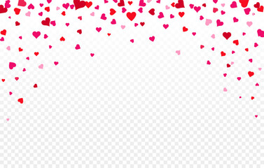 Red Hearts confetti falling. Heart confetti falling on transparent background. Valentines Day background.