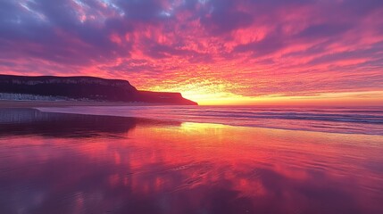 A vibrant sunset over the ocean with colorful reflections on the wet sand.