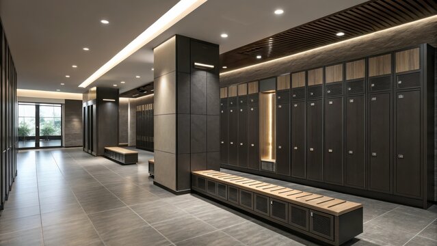 Modern Dark Gym Locker Room With Stylish Design and Empty Spaces for Personal Items. Generative AI