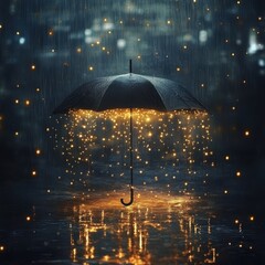Umbrella Showering Tiny Lights Urban Nightscape Magical Atmosphere Soft Glow Enchanting Dreamy Concept