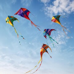 Colorful kites on a white background against a blue sky, white background, peaceful scene