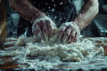 Hands kneading dough on a wooden surface, flour flying, capturing the art of baking.