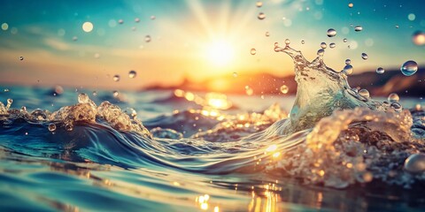 Obraz premium Vintage Style Photography of Clear Water Wave Surface with Splashes and Bubbles for Summer Background, Perfect for Cosmetic Moisturizer and Toner Promotions