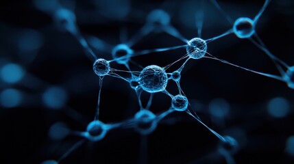 A close-up view of interconnected blue spheres representing molecules or cells, set against a dark background, illustrating a scientific theme.