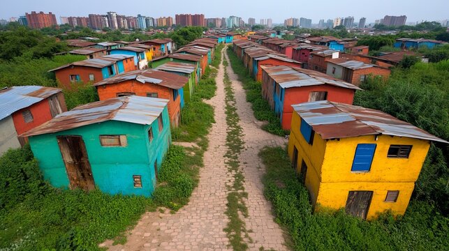 Aerial view of colorful low-income housing in a densely populated area, showcasing vibrant blue, yellow, green, and red structures amidst overgrown vegetation.