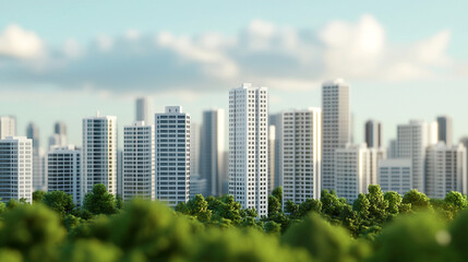 Obraz premium Urban skyline with city buildings and green trees in the foreground, blue sky and clouds above.