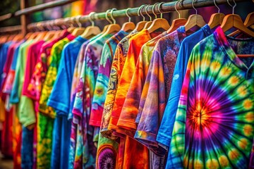 Vintage Style Photography of Colorful Tie-Dye Clothing Patterns Featuring Bold Swirls and Vibrant Hues for a Retro Aesthetic and Fashion Inspiration