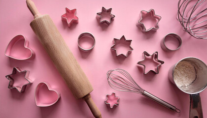 Baking tools arranged on a pink background featuring a rolling pin, measuring cups, whisk, and various cookie cutters for creative baking activities