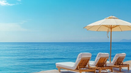 Serene Beach Scene: Tranquil Ocean View and Luxurious Sunbeds