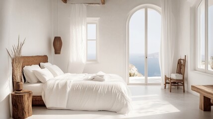 Fototapeta premium Serene Coastal Bedroom: Minimalist Design with a Stunning Sea View