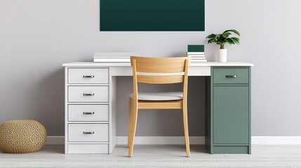 A modern workspace featuring a minimalist desk, wooden chair, green accents, and stylish storage, creating a serene and organized environment., Minimalist Zen Workspaces concept