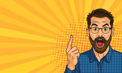 A young bearded man in pop art style shows his finger.On a yellow background. Pop art vector comic style
