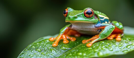 Fototapeta premium A vibrant red-eyed tree frog perched on a dew-covered green leaf, its bright orange feet and green body contrast against the lush foliage.