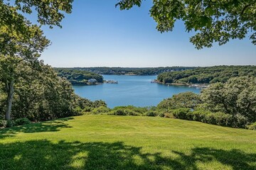 Fototapeta premium Picturesque Coastal Landscape with Serene Bay View from a Lush Green Hilltop