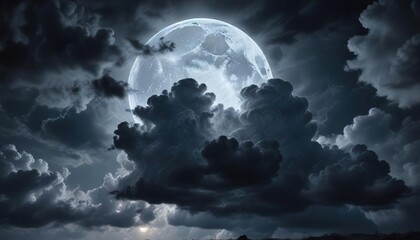 Obraz premium Dark and foreboding storm clouds against a bright moonlit sky , lunar, intense, turbulent