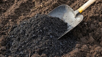 A shovel full of rich compost being spread over dry land