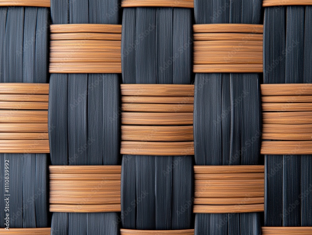 Poster a close-up view of a woven texture featuring dark strands interspersed with light wooden elements, c