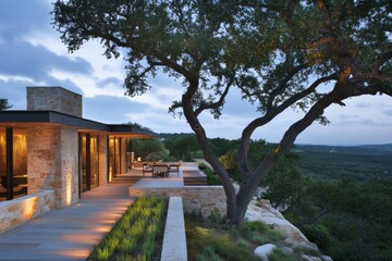 Hillside Residence at Dusk: Modern Architecture and Landscaping Design