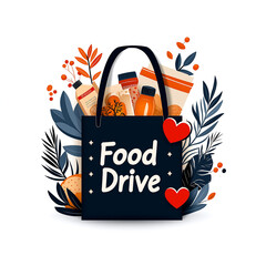 Food drive illustration featuring bag filled with food items, surrounded by plants and hearts, symbolizing community support and generosity