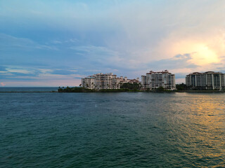 Panorama aerial drone view of Fisher island, Miami. Miami beach from drone. Miami panorama,...