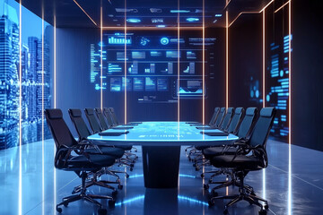 futuristic conference room featuring high tech holographic projection, sleek design, and modern furniture. space is illuminated with blue and orange lights, creating dynamic atmosphere for business