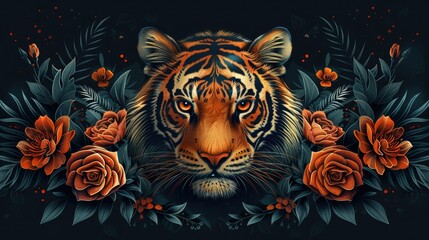 Obraz premium A vibrant tiger's face surrounded by colorful flowers and foliage, showcasing nature's beauty.