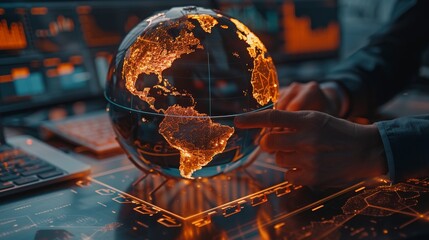 Futuristic hands engaging with a glowing orange digital globe representing global data management