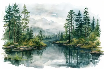 Naklejka premium Serene watercolor landscape featuring lush trees by a tranquil river reflecting the mountains.