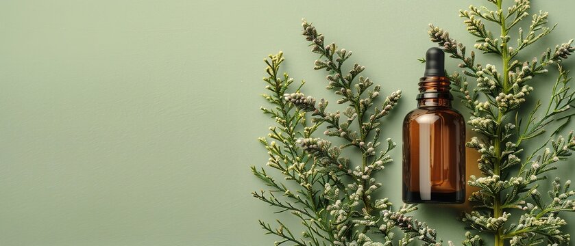A large copy area with a light green background featuring a close-up and overhead portrait&nbsp;of wormwoods and their essential oil, Generative AI.