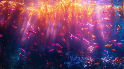 Obraz premium A vibrant underwater scene with colorful fish and shimmering light through aquatic plants.