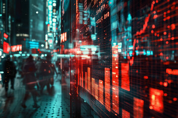 vibrant city scene featuring digital financial display with red bar charts, symbolizing market trends and data analysis. bustling urban environment adds energy to financial theme