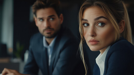 A tense business meeting with two professionals displaying mixed emotions.