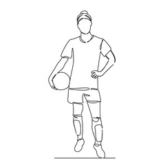 One continuous single drawing line art flat doodle girl, woman, football, girl with football posing. Isolated image hand draw contour on a white background, hand drawn, not AI
