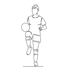 One continuous single drawing line art flat doodle girl, woman, football, game, kicks the ball, women's football. Isolated image hand draw contour on a white background, hand drawn, not AI