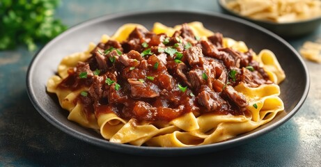 Fototapeta premium Pappardelle Pasta with Wild Boar Sauce. AI generated illustration.