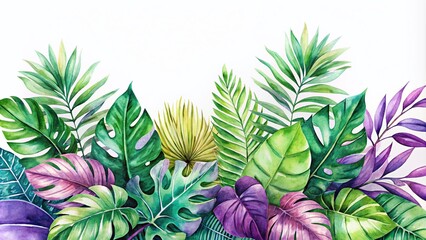 Obraz premium Watercolor Hand Painted Tropical Nature Banner with Green and Purple Palm Leaves for Elegant Invite and Greeting Card Designs with Space for Text on White Background